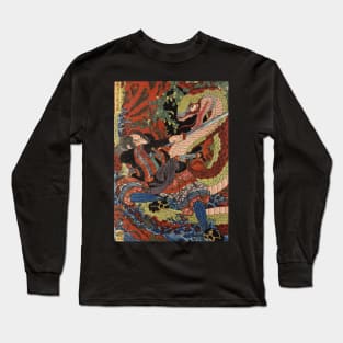 Samurai Warrior Fighting Python - Antique Japanese Ukiyo-e Woodblock Long Sleeve T-Shirt